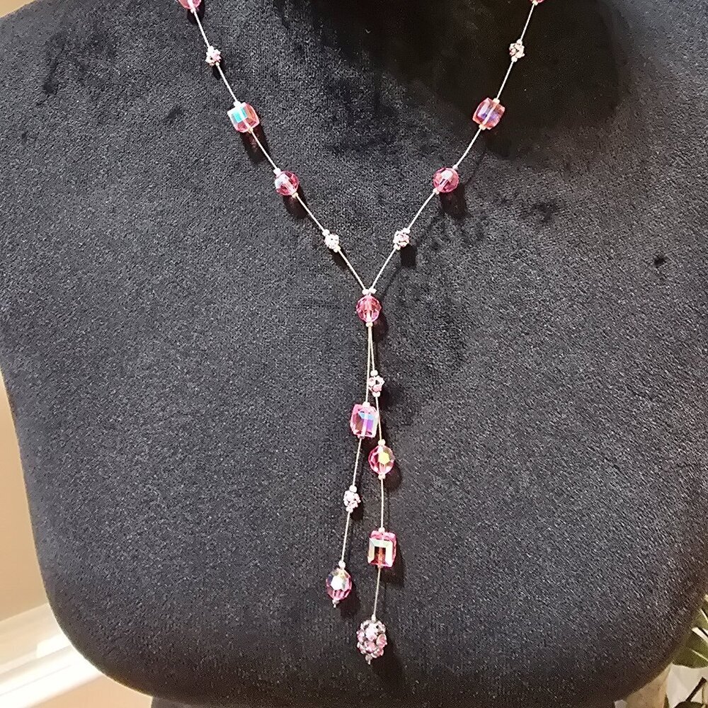 Garnet Beaded Y Drop Chain‎ Necklace Lariat Carnelian Pink Layered Charm Jewelry